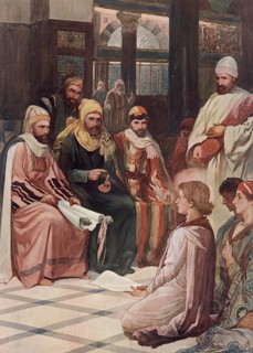 Scene from the biblical story, The story of the twelve-year-old Jesus in the temple discussing with