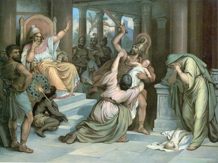 Scene from the biblical story, Solomon's verdict, famous biblical story in 1 Kings 3, in which King