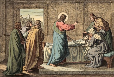 Scene from the biblical story, story of the raising of the daughter of Jairus, authentic