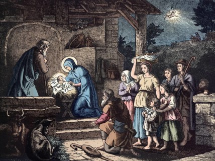 Scene from the biblical story, The Birth of Jesus, authentic reproduction of a school mural,