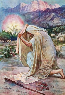Scene from the biblical story, The Burning Bush, central event in the book of the Bible, in which