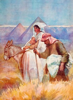Scene from the biblical story, The Flight of Mary, Jesus and Joseph into Egypt, authentic