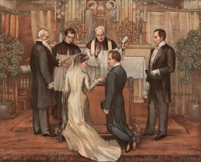 Symbolic photo for a church wedding, wedding by a priest, authentic reproduction of a school mural,