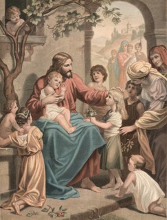 Scene from the biblical story, Jesus speaks Let the little children come to me and do not hinder