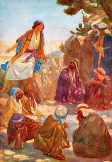 Scene from the biblical story, Joseph tells his brothers his dream, authentic reproduction of a