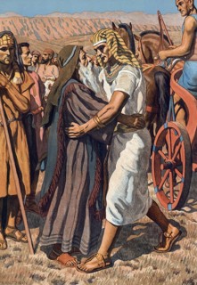 Scene from the biblical story, Joseph greets his father, authentic reproduction of a school mural,
