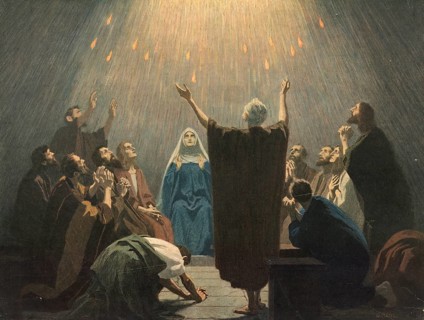 Scene from the biblical story, Peter's Pentecost sermon, is considered the founding event of the