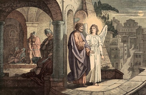 Scene from the biblical story, story of how the apostle Peter is saved by an angel, authentic