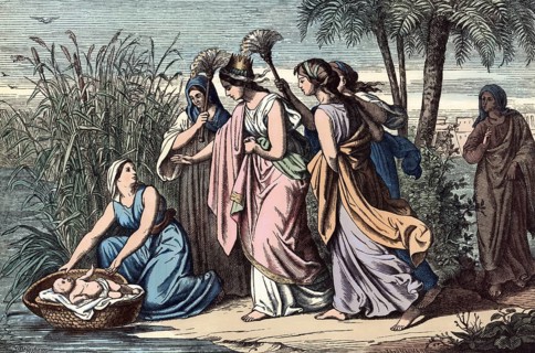 Scene from the biblical story, Moses as a baby is found by the pharaoh's daughter in a reed basket