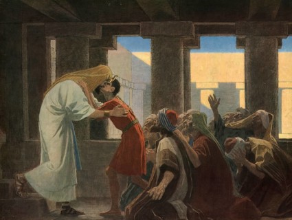 Scene from the biblical story, Joseph reveals himself to his brothers, authentic reproduction of a