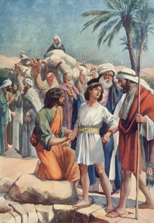 Scene from the biblical story, Joseph is sold as a slave to Egypt by his jealous brothers after