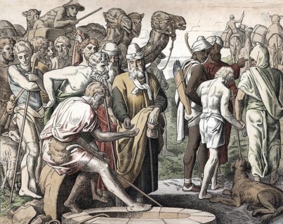 Scene from the biblical story, Joseph is sold as a slave to Egypt by his jealous brothers after