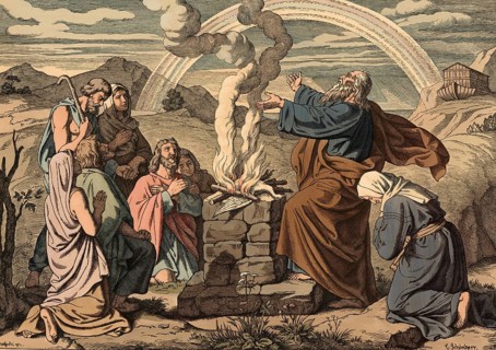 Scene from the biblical story, sacrifice of Noah, first action of Noah after he and his family had