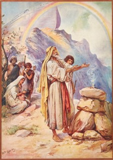 Scene from the biblical story, sacrifice of Noah, first action of Noah after he and his family had