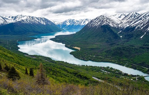 View of snowy mountains and turquoise lake Kenai Lake, Slaughter Ridge Trail, Cooper Landing, Kenai