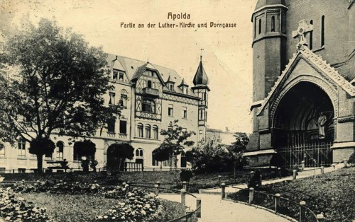 Apolda, Luther Church and Dorngasse, Weimarer Land district, Thuringia, Germany, postcard, view