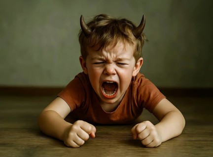 In little boy with devil horns screams and cries angry and angry, symbol anger, angry, upbringing,