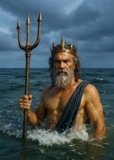 The sea god Poseidon with trident and crown in the sea, symbolic image Greek mythology, antiquity,