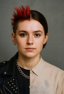 A young woman with two faces, one conservative and one rebellious, symbol punk, punk, mohawk cut,
