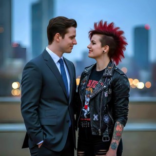 A conservative man in a suit and tie flirts with a young woman, a punk woman with red mohawk cut