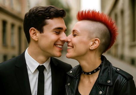 A conservative man wearing a suit and tie flirts with a punk woman with a red mohawk cut and
