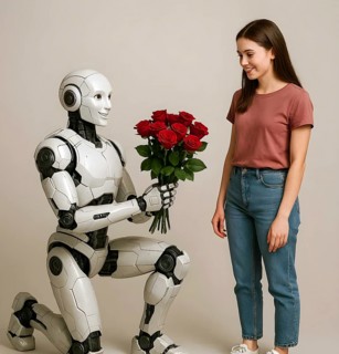 A humanoid robot kneels in front of a woman and hands her a bouquet of red roses, symbol Android,