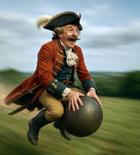 The lying baron Münchhausen riding on the cannonball, symbolic picture Baron, riding, fairy tale,