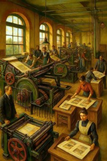 Machine room in Julius Dittenfeld's letterpress, Berlin, historical illustration from the history