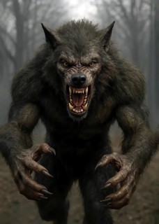 A werewolf after transformation in a dark forest, symbolic image beast, mythology, legend, horror,