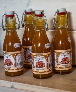Swedish souvenir: cloudberry juice in a bottle in Smålandet Moose park in Markaryd, Småland County,