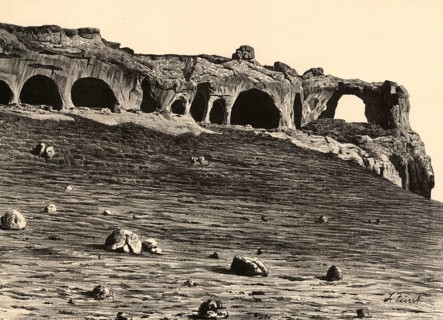 Caving due to weathering in the Gault sandstone of Koltso-gora, Ringberg, in the Caucasus,