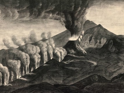 Eruption of Etna on August 29, 1874. Crevice formation and lateral cone, Sicily, Italy, authentic