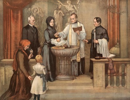 Scene from the biblical story, symbolic photo baptism, central Christian ritual for admission to