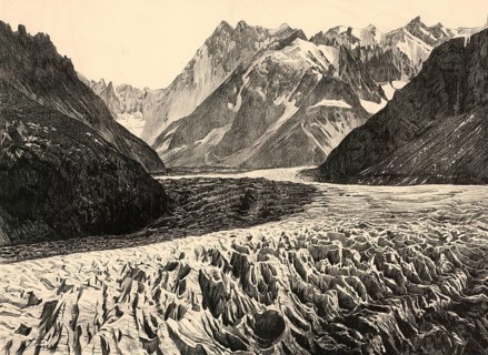 Crevices on the Chamouny Glacier, the famous Mer de Glace in the Mont Blanc massif near Chamonix,