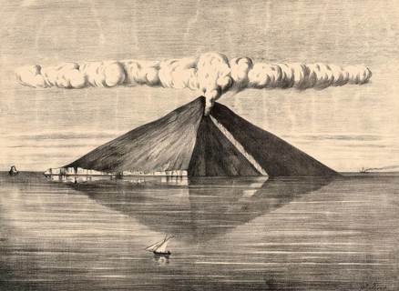 Stromboli volcano, seen from the northwest, Lipari Islands, Italy, authentic reproduction of a
