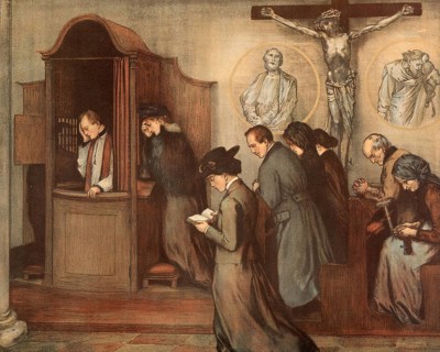 Scene from the biblical story, confession of sins in front of a priest, authentic reproduction of a