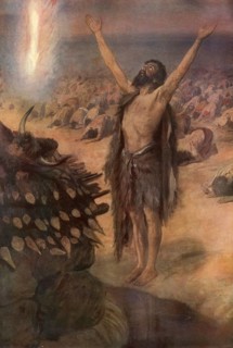 Scene from the biblical story, Elijah on Mount Carmel. After years of drought, Elijah challenges