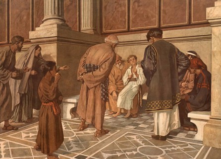 Scene from the biblical story, the story of the twelve-year-old Jesus in Tempe, discovery in the
