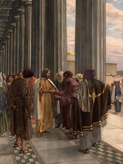 Scene from the biblical story, The Interest Groschen, a famous New Testament theme in which Jesus