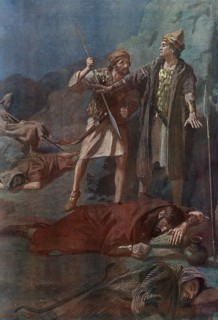Scene from the biblical story, David spares Saul, central biblical story in which David had the
