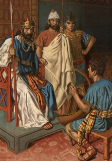 Scene from the biblical story, David plays in front of Saul, In the biblical story, young David