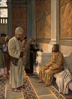 Scene from the biblical story, The Little Little Widow, well-known story from the New Testament, in