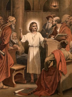 Scene from the biblical story, The story of Jesus as a twelve-year-old in the temple is the only