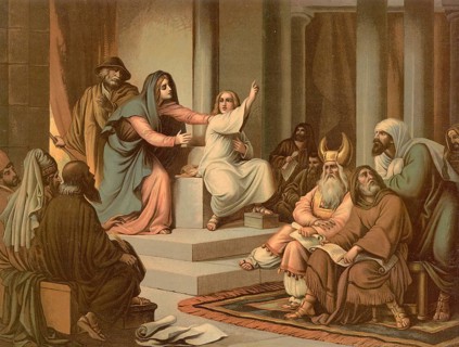 Scene from the biblical story, The story of Jesus as a twelve-year-old in the temple is the only