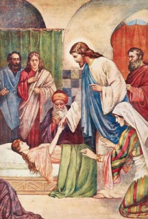 Scene from the biblical story, The Raising of the Daughter of Jairus is a well-known miracle of
