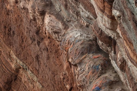 A rocky coastal area with abandoned nests of a gannet colony (Sula bassana) made of various