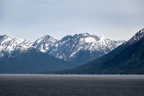 View over the Turnagain Arm estuary to the mountains of the Kenai Peninsula, Anchorage, Alaska, USA