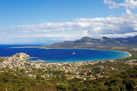 View of Calvi Citadel and Calvi Bay, in the background Cap Corse, Haute-Corse Department, Balagne,