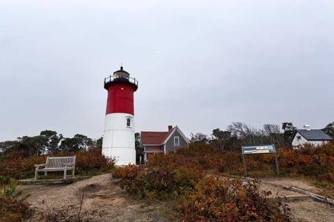 Historic lighthouse, Nauset lighthouse, twilight in autumn, Cape Cod National Seashore in Eastham,