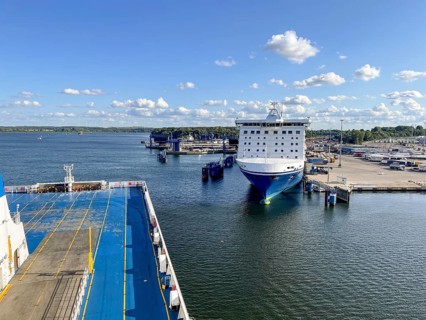 Large ferry is located in the port of Travemünde on, Scandinavia quay in the foreground dcas